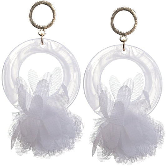 White Chiffon Open Circle Drop Earrings