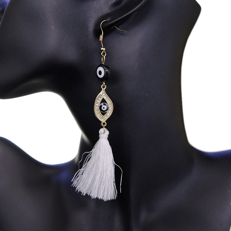 White Evil Eye Beaded Tassel Drop Earrings