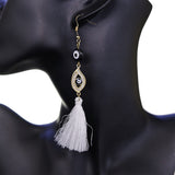 White Evil Eye Beaded Tassel Drop Earrings
