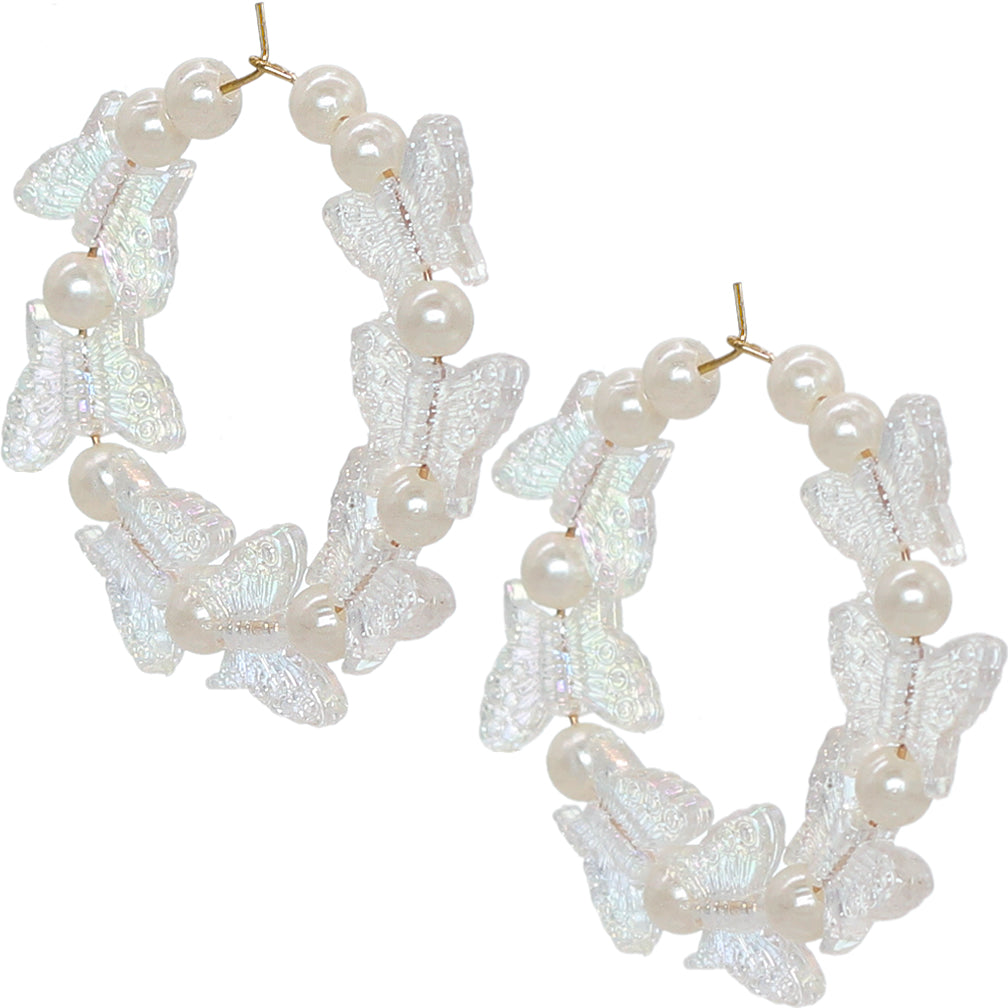 White Butterfly Faux Pearl Mini Hoop Earrings