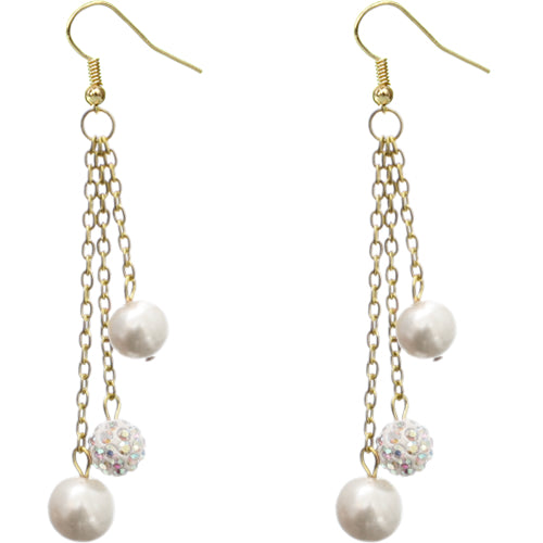 White Faux Pearl Fireball Drop Chain Earrings