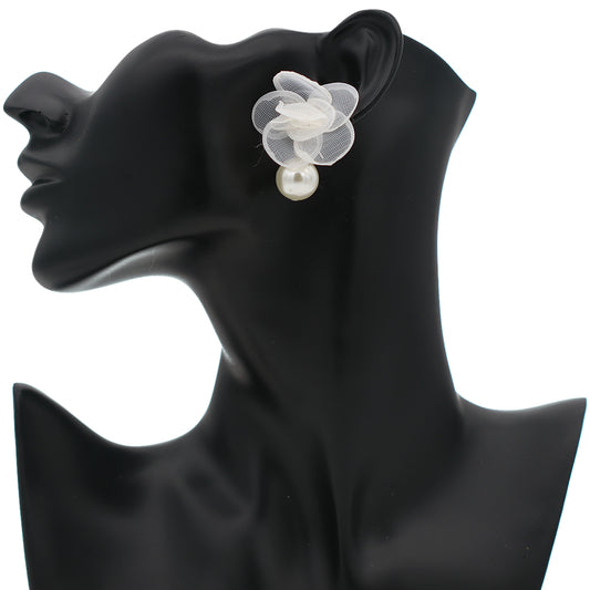 White Tulle Faux Pearl Stud Earrings