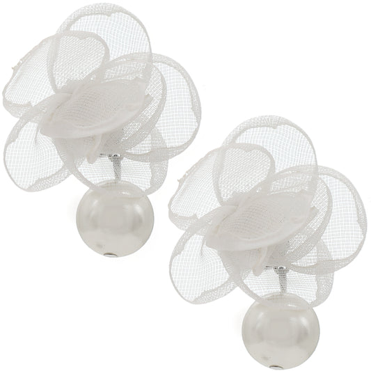 White Tulle Faux Pearl Stud Earrings