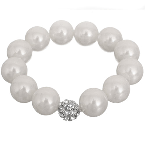 White Faux Pearl Shamballa Stretch Bracelet