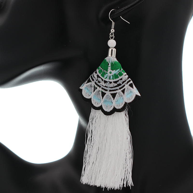 White Embroidered Ruffle Long Tassel Dangle Earrings