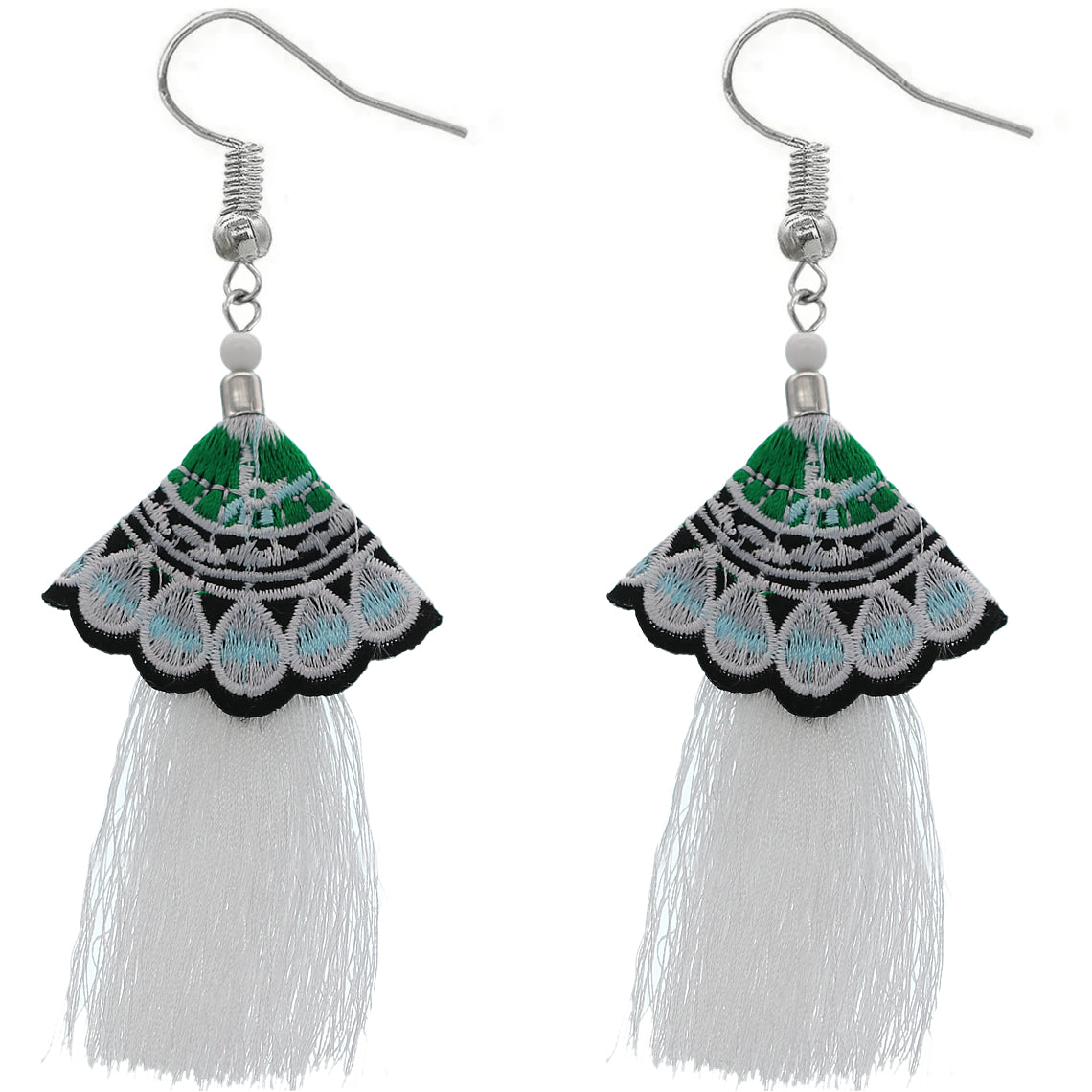 White Embroidered Ruffle Long Tassel Dangle Earrings