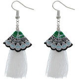 White Embroidered Ruffle Long Tassel Dangle Earrings