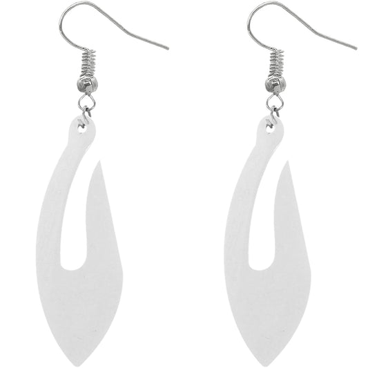 White Tribal Fishhook Design Wooden Earrings