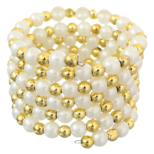 Gold White Faux Pearl Coil Stretch Bracelet