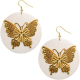 White Gold Wooden Butterfly Dangle Earrings