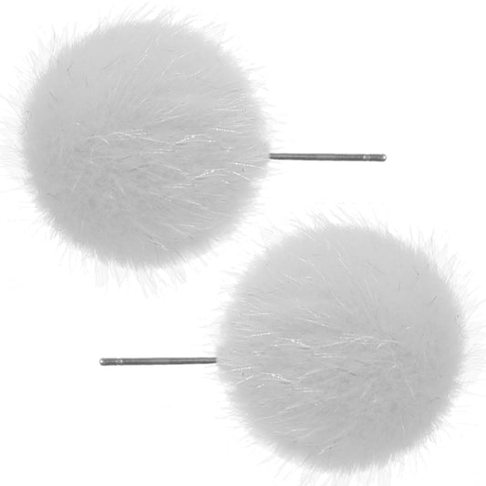 White Large Fury Pom Pom Stud Earrings