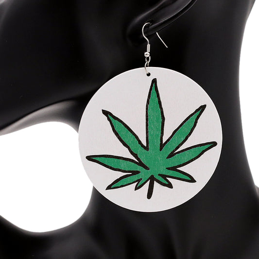 White Large Marijuana Leaf Wooden Earrings