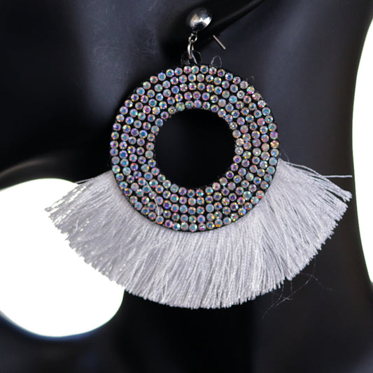 White Large Tassel Fan Rhinestone Earrings