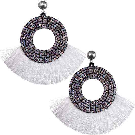 White Large Tassel Fan Rhinestone Earrings