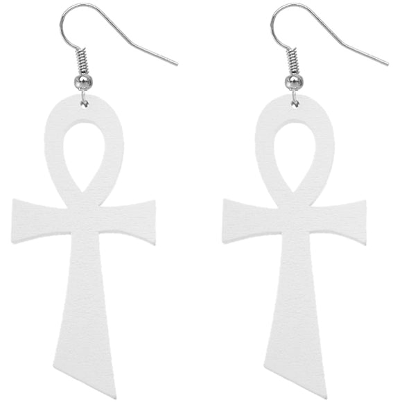 White Wooden Ankh Earrings