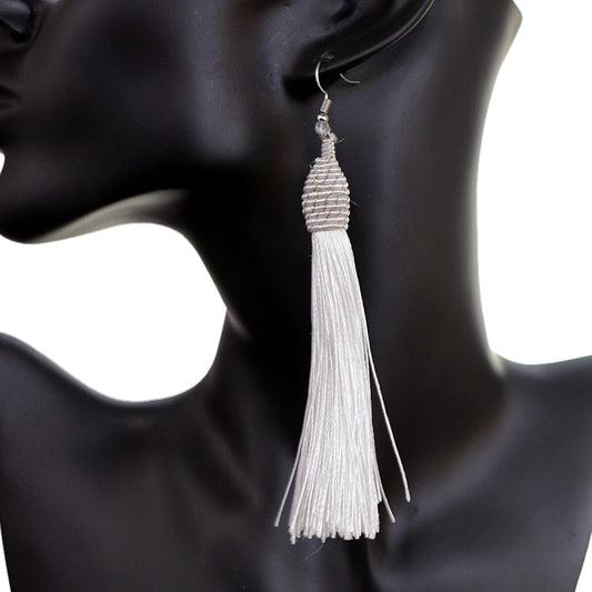 White Long Wrap Tassel Earrings