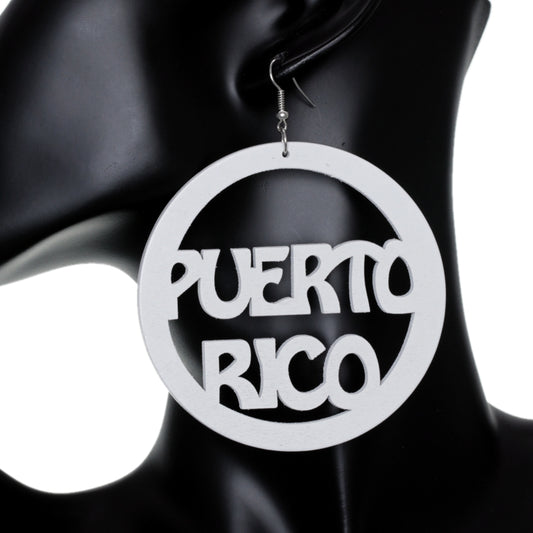 White Puerto Rico Word Wooden Hoop Earrings