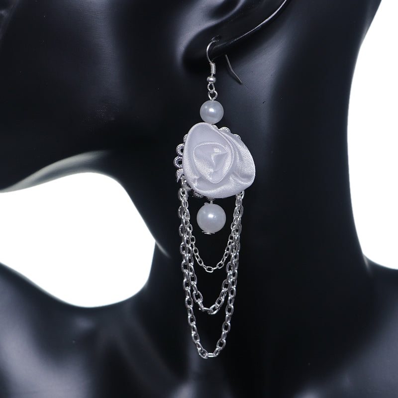 White Long Drop Chain Flower Earrings