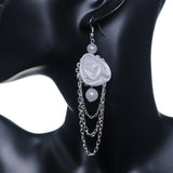 White Long Drop Chain Flower Earrings