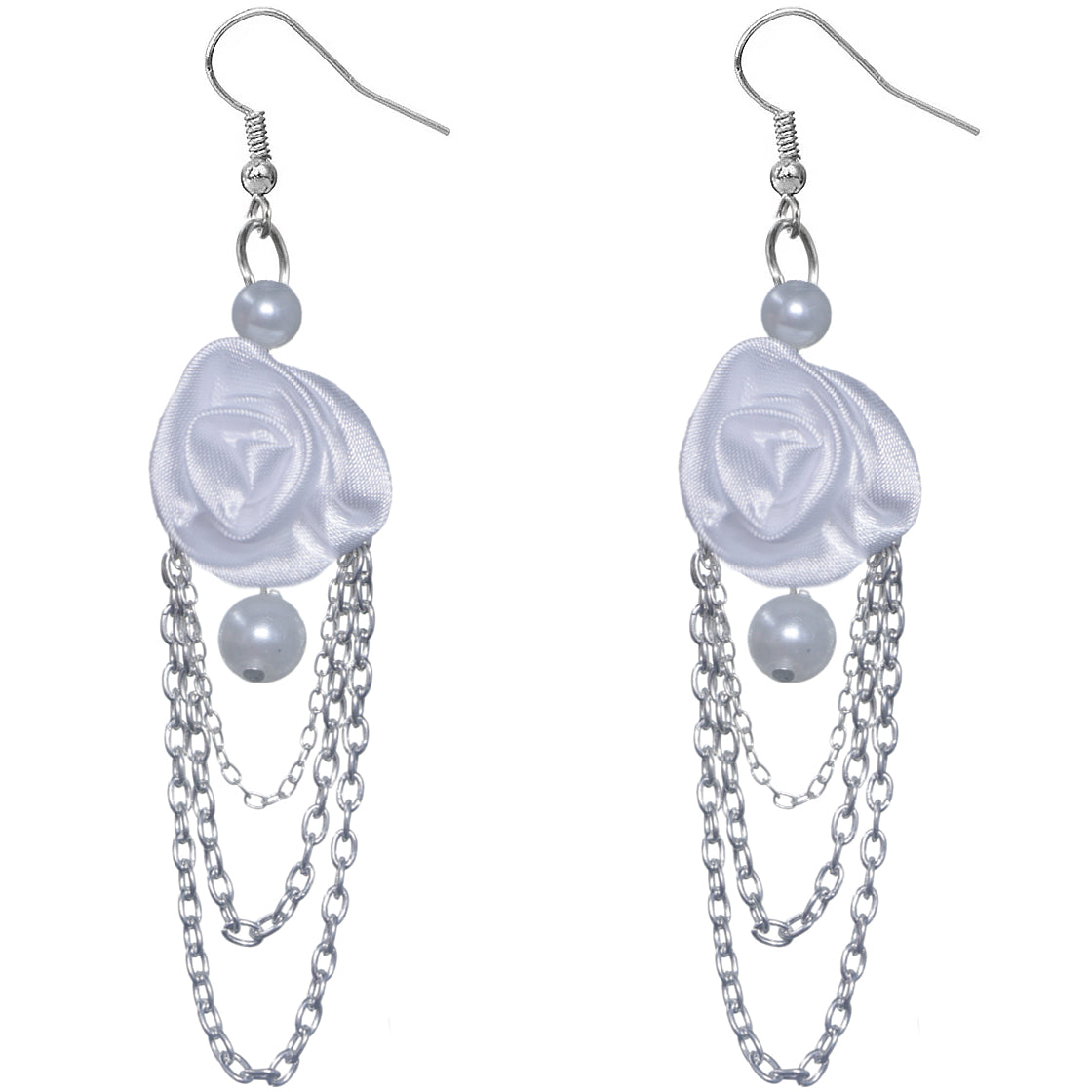 White Long Drop Chain Flower Earrings