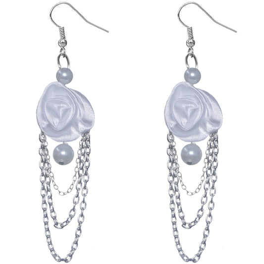 White Long Drop Chain Flower Earrings