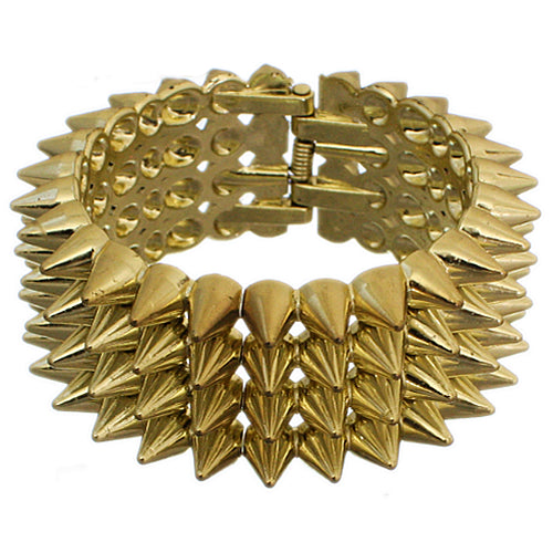 Gold Four Row Cone Spike Hinged Bracelet
