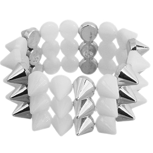 White Three Row Cone Spike Stretch Bracelet