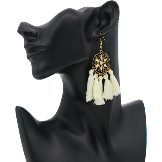 White Tassel Fringe Mandala Dangle Earrings