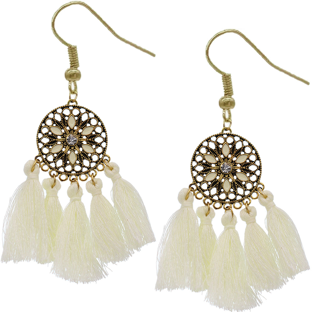 White Tassel Fringe Mandala Dangle Earrings