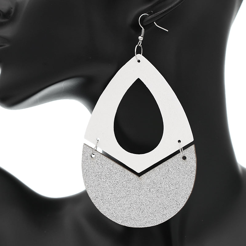 White Glitter Wooden Link Teadrop Earrings
