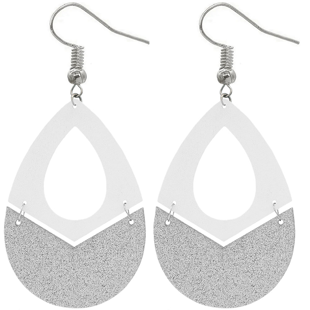 White Glitter Wooden Link Teadrop Earrings
