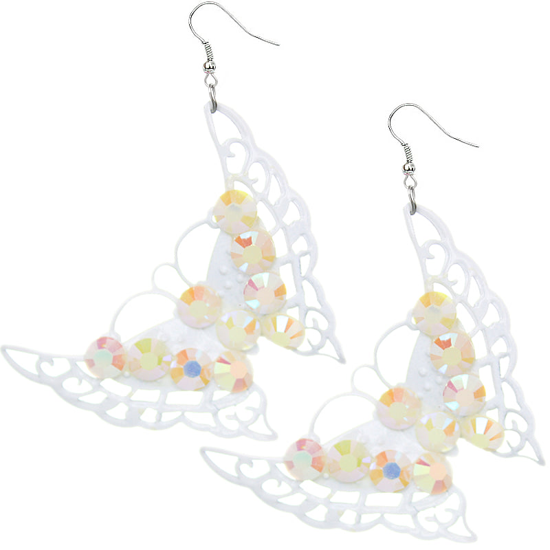 White Beaded Iridescent Butterfly Earrings