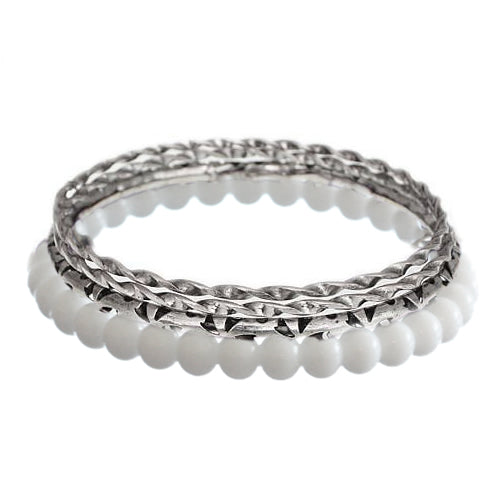 White Beaded Twist Stack Bangle Bracelets