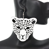 White Black Wooden Cheetah Face Dangle Earrings