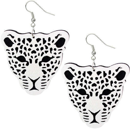 White Black Wooden Cheetah Face Dangle Earrings