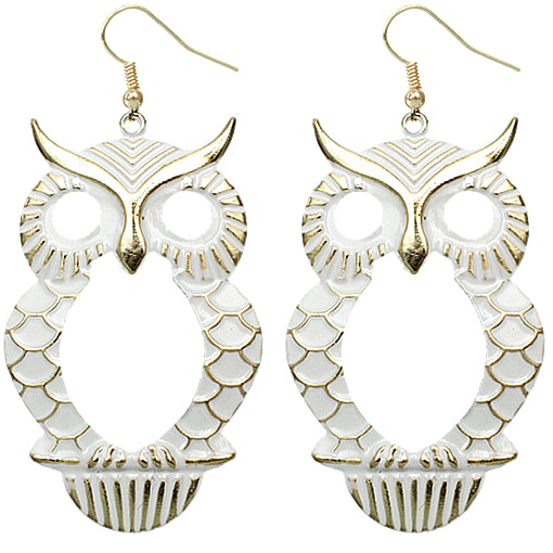 White Cutout Dangle Hoot Owl Earrings
