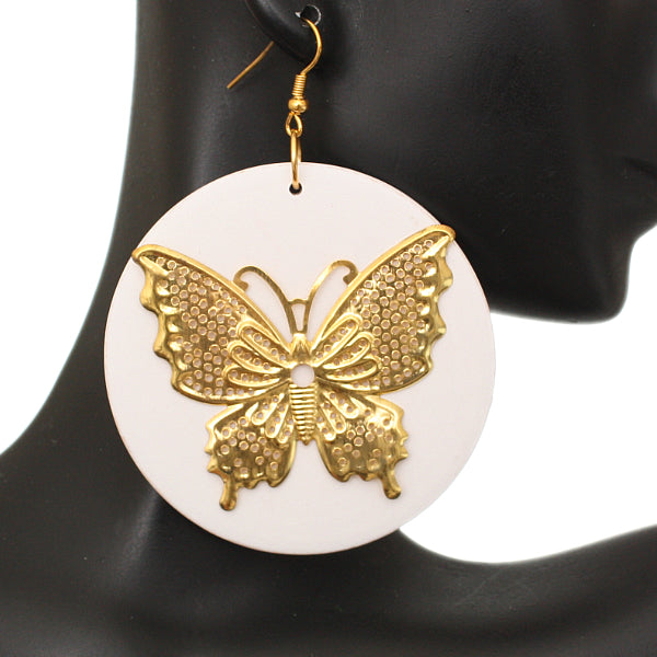 White Gold Wooden Butterfly Dangle Earrings