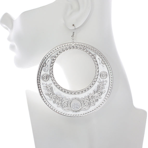 White Large Texture Design Hoop Earrings