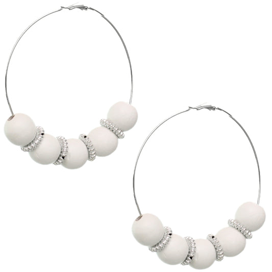 White Large Spacer Wooden Hoop Earrings