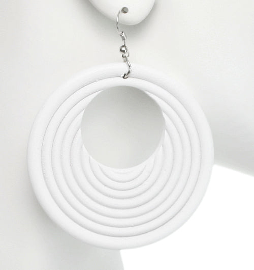 White Wooden Circular Roll Texture Dangle Earrings