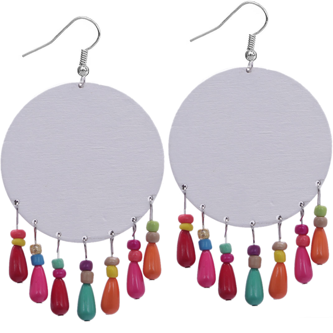 Blue Multicolor Wooden Bead Kaleidoscope Pattern Earrings