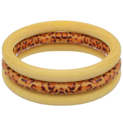 Yellow 3-Piece Wooden Cheetah Stacked Bracelets