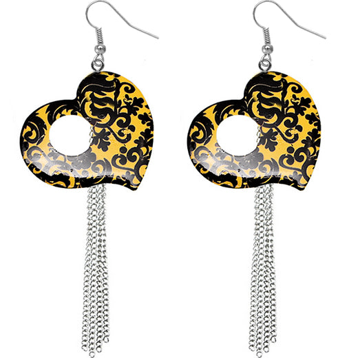 Yellow Damask Heart Drop Chain Earrings