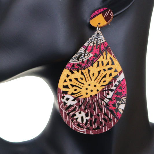 Yellow Pink Multicolor Evil Eye Wooden Teardrop Earrings