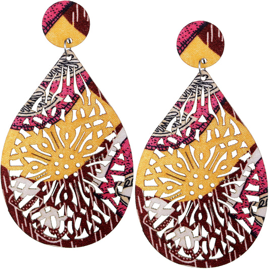 Yellow Pink Multicolor Evil Eye Wooden Teardrop Earrings