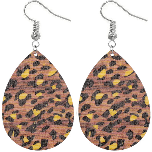 Yellow Cheetah Print Wooden Teardrop Earrings