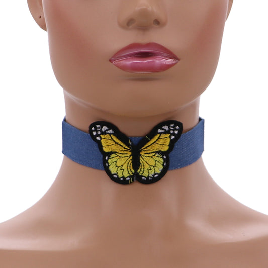 Yellow Butterfly Denim Embroidery Choker Necklace