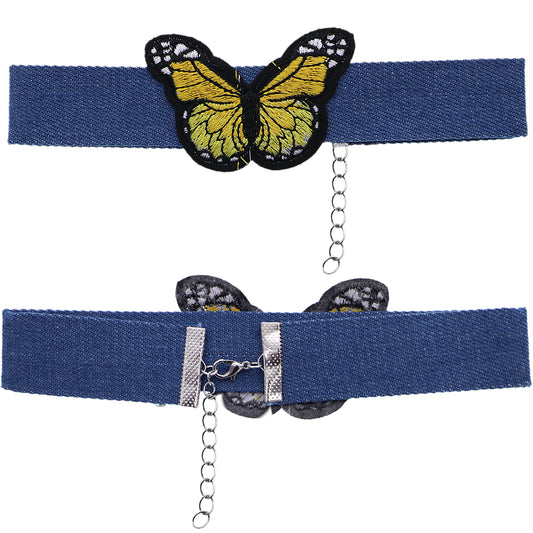 Yellow Butterfly Denim Embroidery Choker Necklace