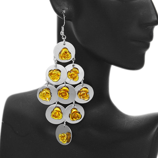 Yellow Flat Disc Floral Dangle Earrings