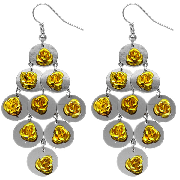 Yellow Flat Disc Floral Dangle Earrings